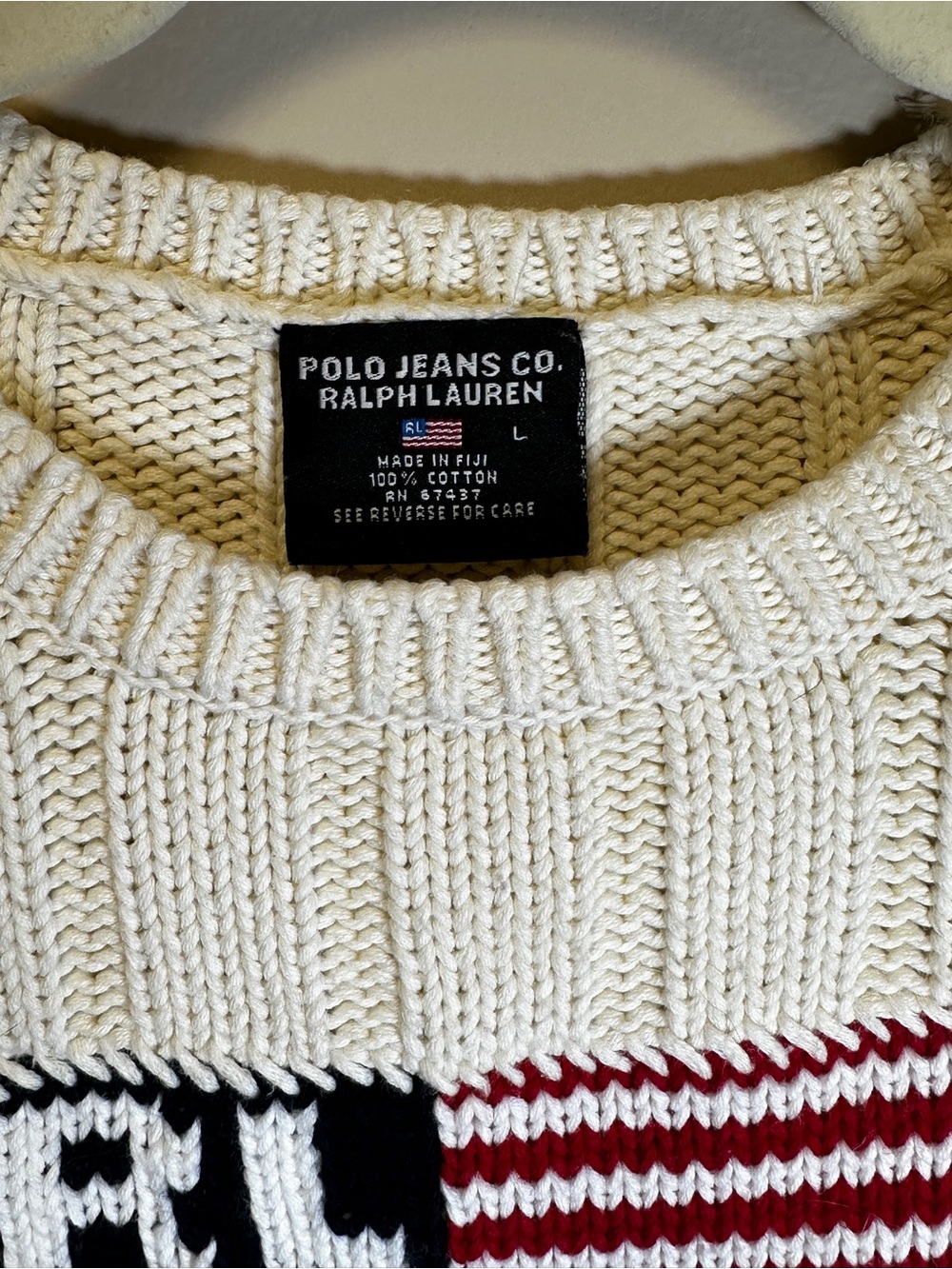 Polo Jeans Ralph Lauren L Cream Flag Knit Sweater 100% Cotton USA - Picture 4 of 9